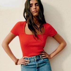 NWT - Sezane Amara Square Neckline Ribbed Stretch Tee Sz XL